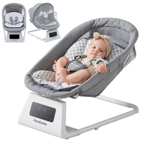 Pamo Babe Unisex Baby Swing for Newborns,5 Speeds with Remote Control,Canopy,Mosquito Net(Grey)