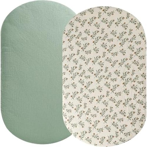 Muslin Bassinet Sheet 2 Pack Cotton for Baby Roman Green & Botanical Leaf