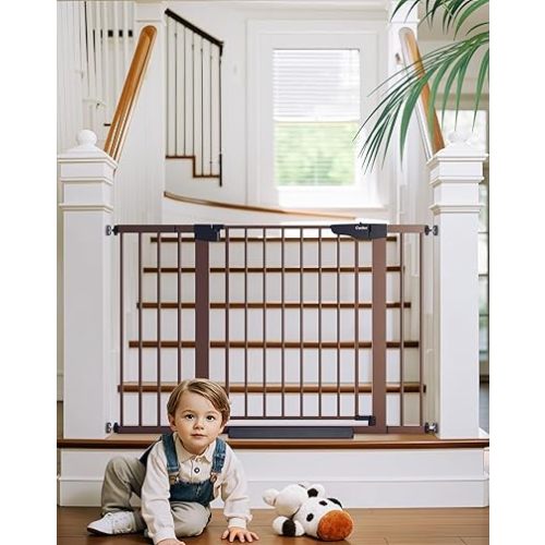 Cumbor 29.7-48" Baby Gate for Stairs, Mom's Choice Awards Winner-Dog Gate for Doorways, Auto Close Safety Pet Gate for Dogs Indoor, Easy Install Pressure Mounted Child Gate with Walk Thru Door, Brown