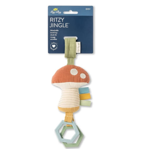 Itzy Ritzy Jingle Travel Toy for Stroller, Car Seat or Activity Gym - Baby Hanging Toy Features Jingle Sound, Clinking Rings & Adjustable Attachment Loop (Mushroom)