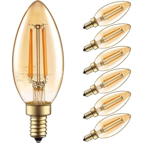 TORCHSTAR Dimmable E12 LED Candelabra Bulb, UL Listed, 40W Equivalent Chandelier Light Bulbs, 350lm, LED Filament Candle Bulb C11, Amber Glass Ceiling Fan Light Bulbs, 2200K Amber Warm, Pack of 6