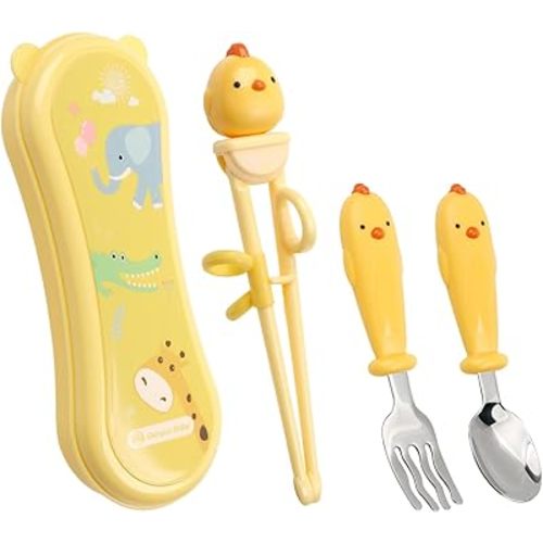 Toddler Utensils Stainless Steel Kids Silverware Set with Kids Spoons and Forks Set and Kids Chopsticks for Self Feeding Learning with Portable Case