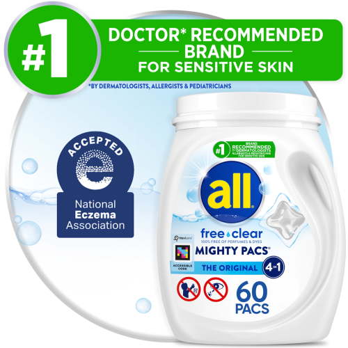all Mighty Pacs Non-Scented Gentle Laundry Detergent, Free Clear for Sensitive Skin, 60 Count