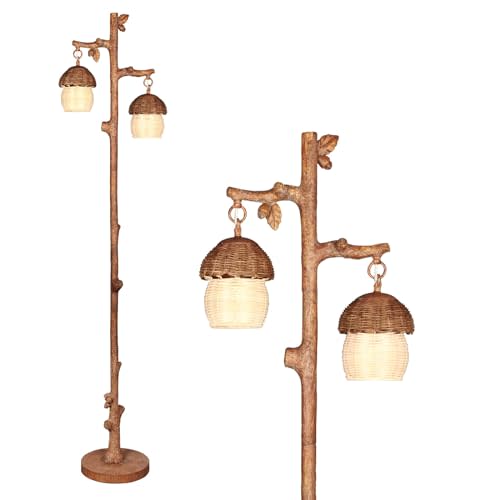 Rattan Floor Lamp with Faux Wood Finish, Boho Floor Lamps with Faux Pinecone and Leaves Decor, Brown