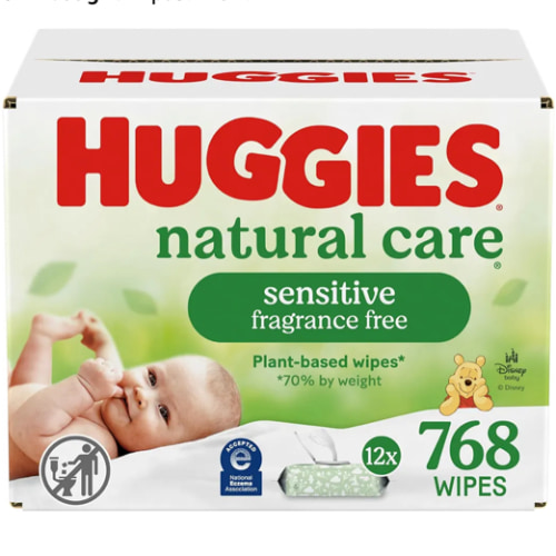 Huggies Natural Care Sensitive Baby Wipes, Unscented, Hypoallergenic, 99% Purified Water, 12 Flip-Top Packs (768 Wipes Total), Packaging May Vary