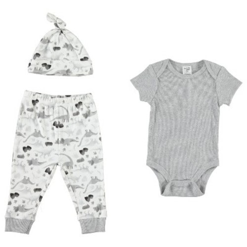 Chick Pea Gender Neutral Baby Clothes Layette Set Footless Sleep and Play 3 Pack Dinosaur Pre-historic Gray 3-6M