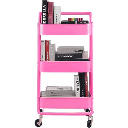 3-Tier Metal Mesh Rolling Cart Storage Organizer with Utility Handle and Wheels, Pink