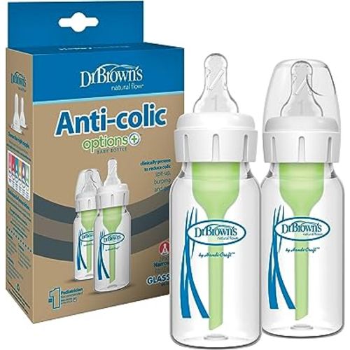 Dr. Brown’s Natural Flow® Anti-Colic Options+™ Narrow Glass Baby Bottles 4 oz/120 mL, with Level 1 Slow Flow Nipple, 2 Pack, 0m+