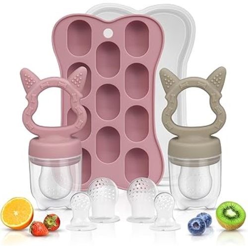 2 Pack Silicone Baby Fruit Feeder with Freezer Tray, Self Feeding Fresh Food Feeder, Introduce New Foods Safely for Baby Teething Relief, Includes 2Extra Pouches & Travel Lids (Dishwasher Safe)