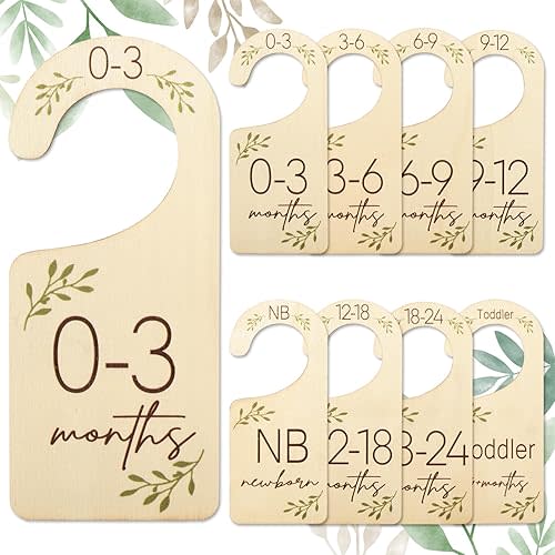 Whaline 8Pcs Baby Closet Size Dividers Green Leaves Hanging Wooden Baby Closet Organizer Newborn to 24 Months Thicken Baby Wardrobe Organizer