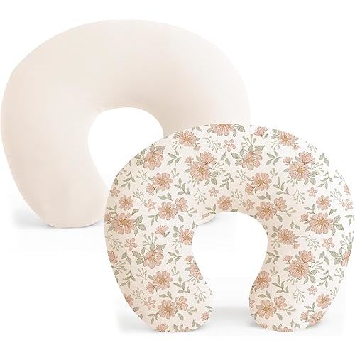 Konssy 2 Pack Nursing Pillow Covers, Stretchy and Soft Nursing Cover for Breastfeeding Pillows, Pillow Slipcover for Baby Girls Boys Newborn (Beige, Blush Blossom)