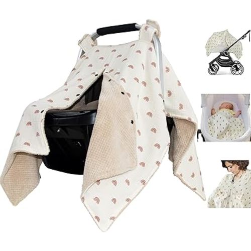 Muslin Cotton Baby car seat Canopy Cover with Flannel for Winter,Multi-Use Mom Nursing Breastfeeding Cover,Flannel Blanket for Infant,Rainbow