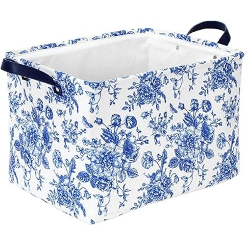 Blue Floral Storage Basket Vintage Flower Collapsible Canvas Organizer Fabric Storage Bin with Handle for Shelf Closet Home Organizer Decor