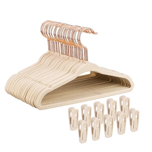 Tonswachic Baby Velvet Hangers 30 Pack - 11'' Inch Premium Non Slip Kids Felt Hangers for Clothes - Ultra Thin Baby Felt Hangers for Toddler Kids' Closet with 10 Hanger Clips - Beige