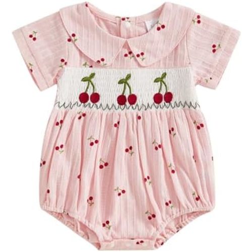 TINXIEA Newborn Baby Girl Summer Clothes Cherry Peter Pan Collar Short Sleeve Smocked Romper Bodysuit One Piece Outfits