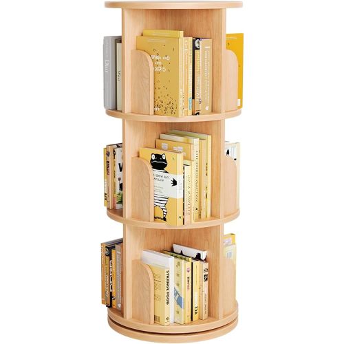 Claiks 3-Tier Solid Wood Rotating Bookshelf, 360° Spinning Bookcase Tower, Space-Saving Vertical Book Storage Organizer with Sturdy Construction for Home & Office, Nature
