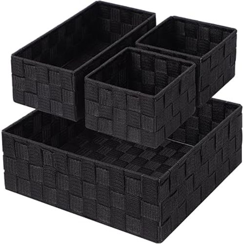 Posprica Woven Storage Baskets for Organizing, Small Black Baskets Cube Bin Container Tote Organizer Divider for Drawer, Closet, Shelf, Dresser, Set of 4