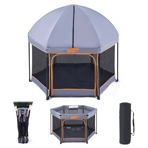 Pamo Babe Premium Baby Playpen - Unisex, Portable, Indoor/Outdoor, Canopy, Travel Bag - Grey
