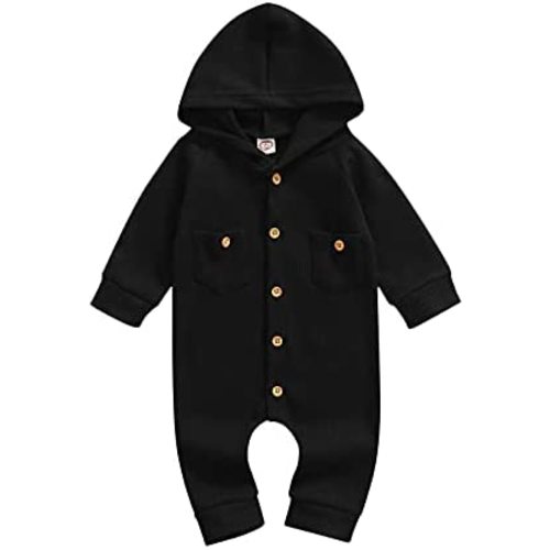 Ynibbim Winter Newborn Baby Boy Girl Solid Romper Unisex Infants Hooded Outfit Clothes Waffle Cotton Button Jumpsuits