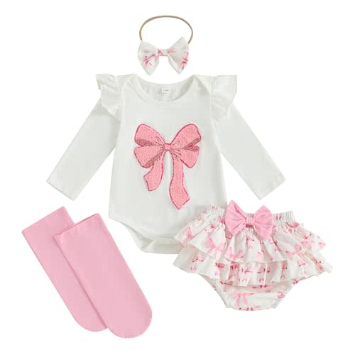 Dobeiokal Newborn Baby Girl Clothes Bow Embroidered Long Sleeve Romper Bodysuit Ruffled Shorts Set Cute Fall Winter Outfits