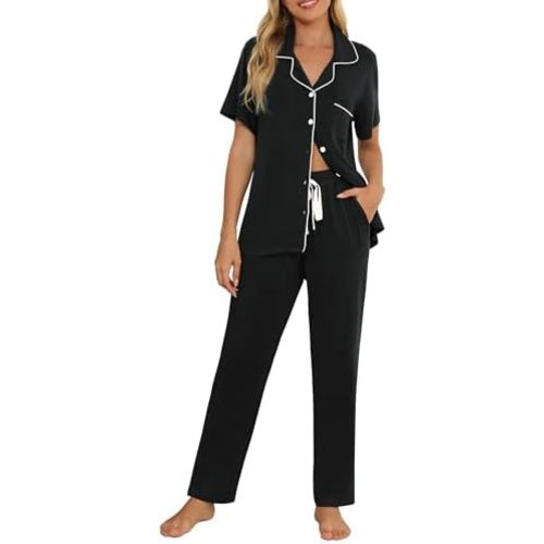 Senert Women Pajamas Set Short Sleeve Sleepwear Button Down Shirt with Long Pants Soft Pjs Set Nightwear Lounge Sets S-XXL