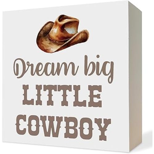 Western Cowboy Nursery Wooden Box Sign,Western Desk Decor,Little Cowboy Wood Block Plaque Signs for Toddler Boys Room Nursery Home Desk Table Shelf Decor, 5x5 Inch