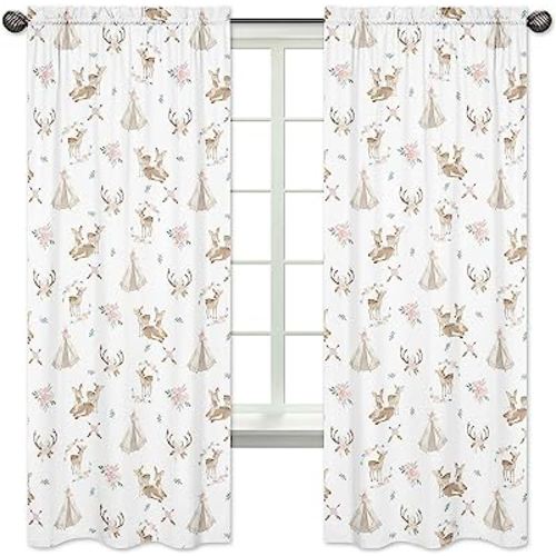 Sweet Jojo Designs Blush Pink, Mint Green and White Boho Window Treatment Panels Curtains for Woodland Deer Floral Collection - Set of 2