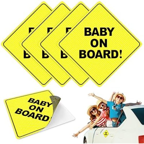 Baby On Board Signs for Car, 4 Pack - Baby On Board Sticker, Car Essentials, Best Kids Safety Signs, 5" by 5" - Bright Yellow and See-Through When Reversing - Non Magnet - Durable Strong Adhesive