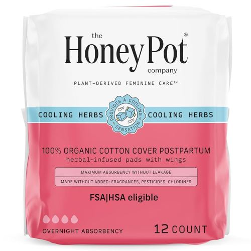 The Honey Pot Company - Herbal Postpartum Pads w/Wings - Infused w/Essential Oils for Cooling Effect, Organic Cotton Cover, & Ultra-Absorbent - 12ct