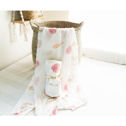 100% Organic Bamboo & Cotton Seashell Muslin Baby Blanket or Swaddle, Boho Mermaid Gift For newborns or kids, Perfect Ocean Nursery Decor