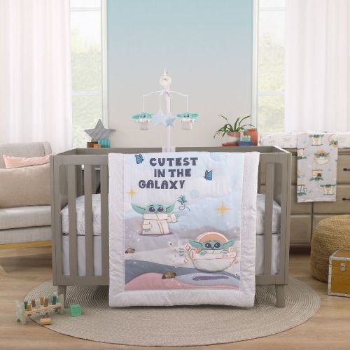 NoJo Star Wars Grogu Cutest in the Galaxy Cream, Green, and White 3 Piece Nursery Crib Bedding Set - Comforter, Fitted Crib Sheet, and Crib Skirt