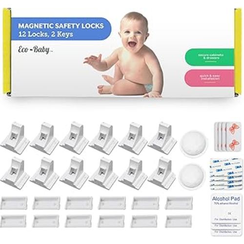 Eco Baby Magnetic Cabinet Locks for Babies - Magnetic Baby Proofing Cabinet Locks, Child Locks for Cabinets Drawers Doors for Back to School - Easy Installation No Tools Required (12 Pack and 2 Keys)