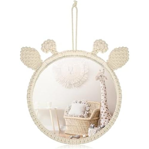 Boho Hanging Wall Mirror Kids Mirrors with Macrame for Nursery Decor Giraffe Natural Woven Mirror Circle Wall Art Boho Ornament for Bedroom Living Room Baby Room Decor