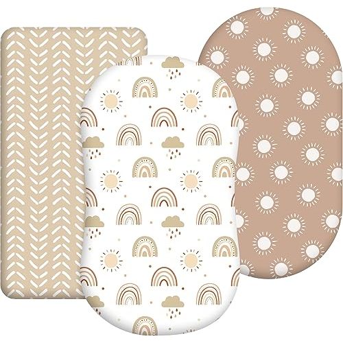 Baby Bassinet Sheets Girl Unisex - 3 Pack Safe Cradle Sheets Universal for Hourglass, Oval Rectangle Bassinet Mattresses (32" x 16") Cloud Rainbow