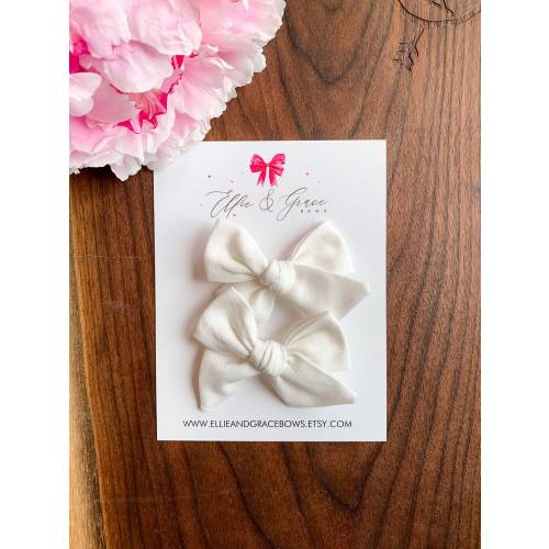 Cream Cotton Fabric Pigtail Bow Set - Bows for Girls - Alligator Clip Bows - Toddler Girl Hair Clips - Barrettes and Clips