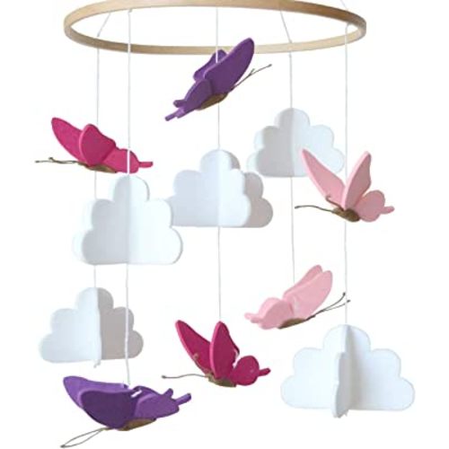 Baby Crib Mobile (Butterflies in The Clouds) - Baby Shower Gift Nursery Crib Decoration for Girls & Boys - Pink & Purple