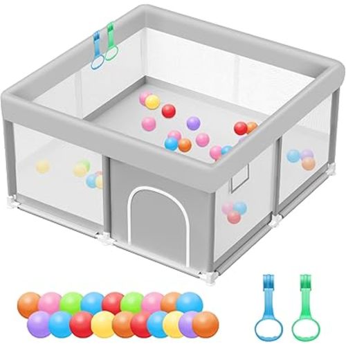 Baby Playpen with Balls and Pull Rings, 50x50 Inch Playpen for Babies and Toddlers Baby Playpen Fence Playard Activity Center, Without MAT Included