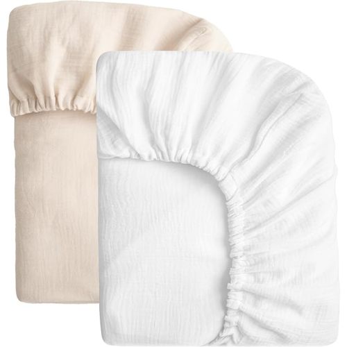 SOULFUL Muslin Crib Sheets for Boys Girls, 2 Pack Soft and Breathable Cotton Fitted Crib Sheets for Standard Crib Mattress (28"x 52", White & Beige) | 2 Pack, Organic Cotton, for Standard Crib Mattress, 28"x 52", White & Beige