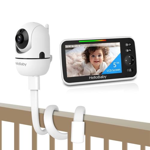 HelloBaby Wall Mounted Baby Monitor No WiFi, 5'' Sreen with 30-Hour Battery, Crib Camera Baby Monitor with Camera and Audio, Hello Baby Monitor with Mount