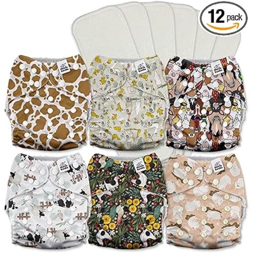Mama Koala 3.0 Cloth Diapers for Babies with AWJ Lining, 6 Pack with 6 5-Layer Natural Cloth Diaper Inserts - Reusable and Washable Pocket Diapers(A-The Farm Story)