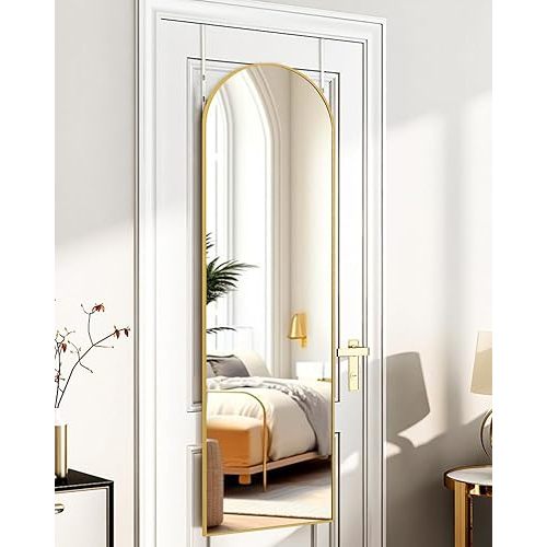 Full Length Mirror Door Hanging, Door Mirror, Over The Door Mirror Full Length, 48"x14" Bathroom Door Mirror, Long Mirror for Bedroom Living Room Locker Room (Gold)