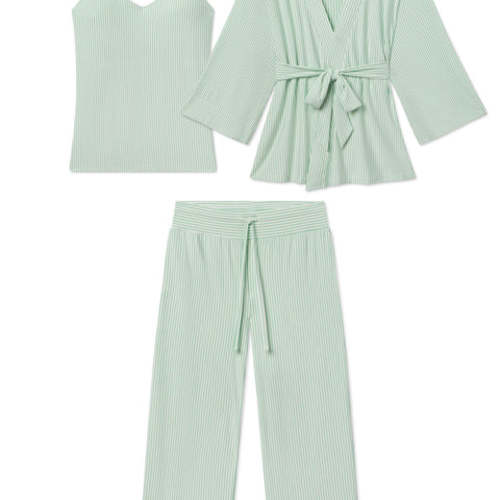 LAKE | Women | DreamModal® Pajamas | Parisian Green Pencil Stripe Maternity Kimono Bundle