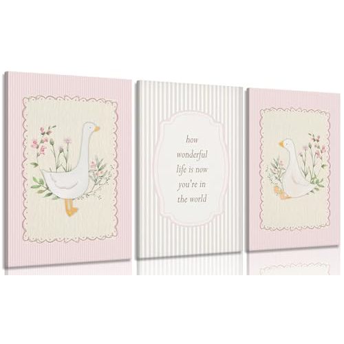 Ijeroain Vintage Pink Silly Goose Canvas Wall Art Neutral Floral Print Painting Preppy Aesthetic picture Inspirational Nursery Wall Decor Suitable for Girls Children's Room Home Decoration 12x16in