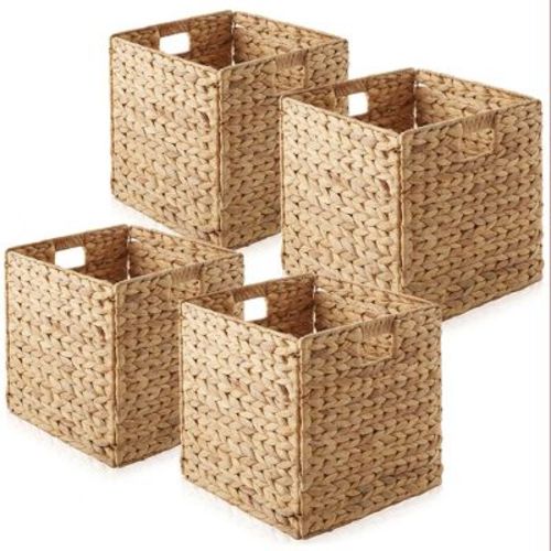 Casafield 12" X 12" Water Hyacinth Storage Baskets, Natural - Set Of 6 Collapsible Cubes, Woven Bin Organizers For Bathroom, Bedroom, Laundry, Pantry