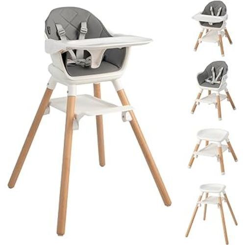HONEY JOY Baby High Chair, 6 In 1 Convertible Wooden Highchair for Babies and Toddlers/Toddler Chair/Bar Stool, Removable Double Tray & Reversible Footrest, Safety Harness for Infant Boys Girls (Gray)
