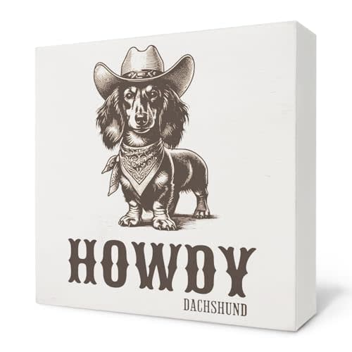 Nvotell Dachshund Gifts Wooden Signs, Weiner Dog Gifts for Women, Western Dachshund Decorations for Home Office Desk, Howdy Weiner Dog Wood Box Sign, 5x5 Inch