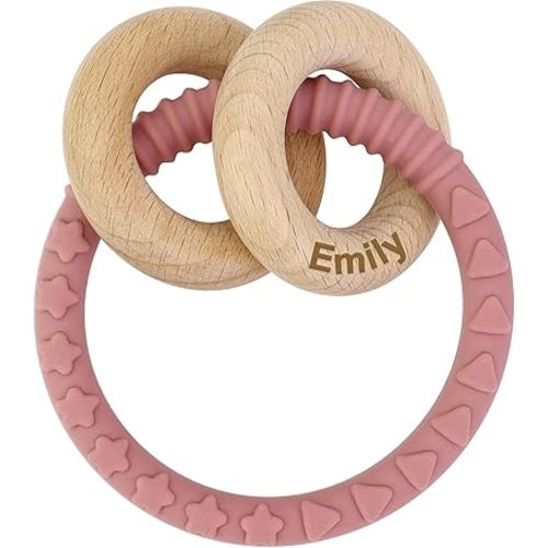Munchewy Personalized Name Baby Rattle Teether Ring, Customized Silicone Baby Teethers with One Piece Design, Soft Teething Toy with Texture and Natural Organic Beech Wood Rings for Baby Girls(Pink)