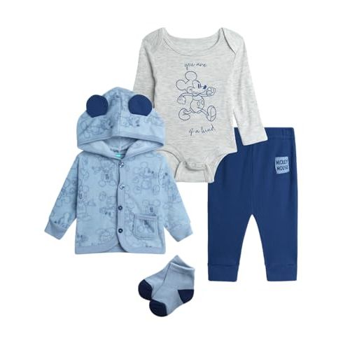 Disney Baby Boys and Girls Take Me Home Set - 4 Piece Unisex Infant Bodysuit, Hooded Jacket, Pants, and Socks (Sizes: 0-9M)