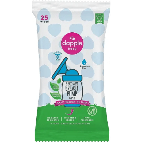 Breast Pump Wipes by Dapple Baby, 25 Count, Fragrance Free, Plant Based & Hypoallergenic Wipes - Removes Milk Residue, Leaves No Taste - Convenient Wipes Pouch