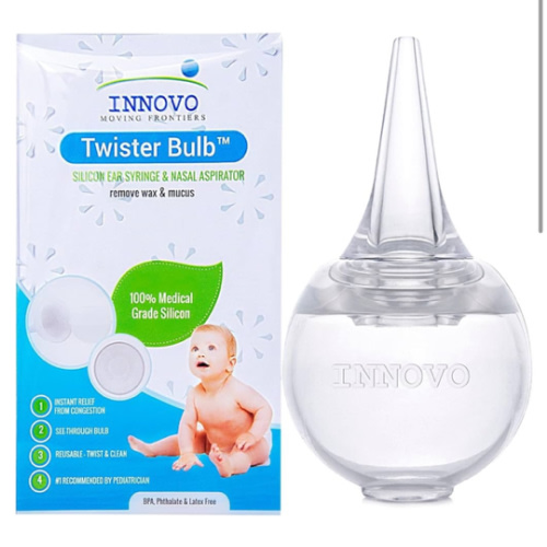 Innovo FSA/HSA Eligible Hospital Grade Silicone Twister Bulb Baby Ear Syringe and Nasal Aspirator, Sucks Snot and Mucus, Cleanable and Reusable, Clear
